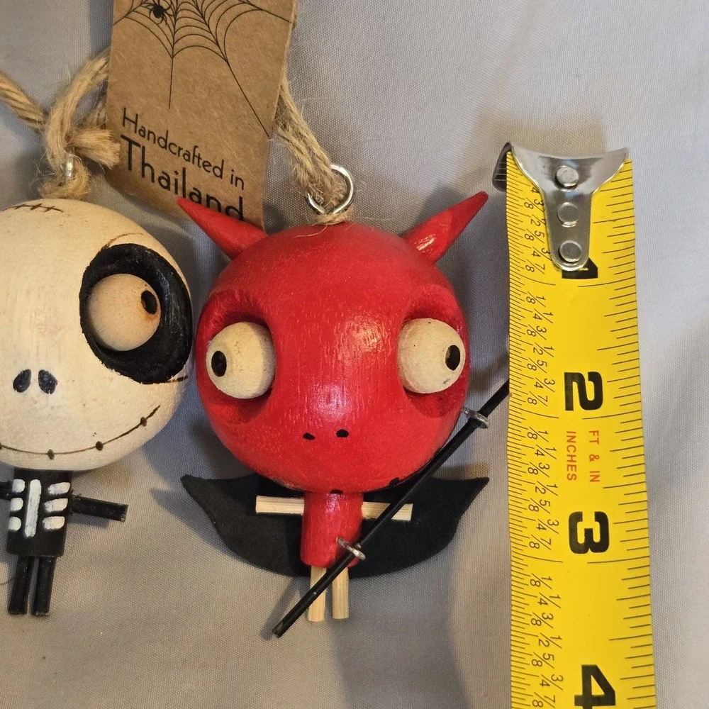 Pier 1 Halloween Devil Skeleton Ornaments Wood Handcrafted Thailand Set of 2